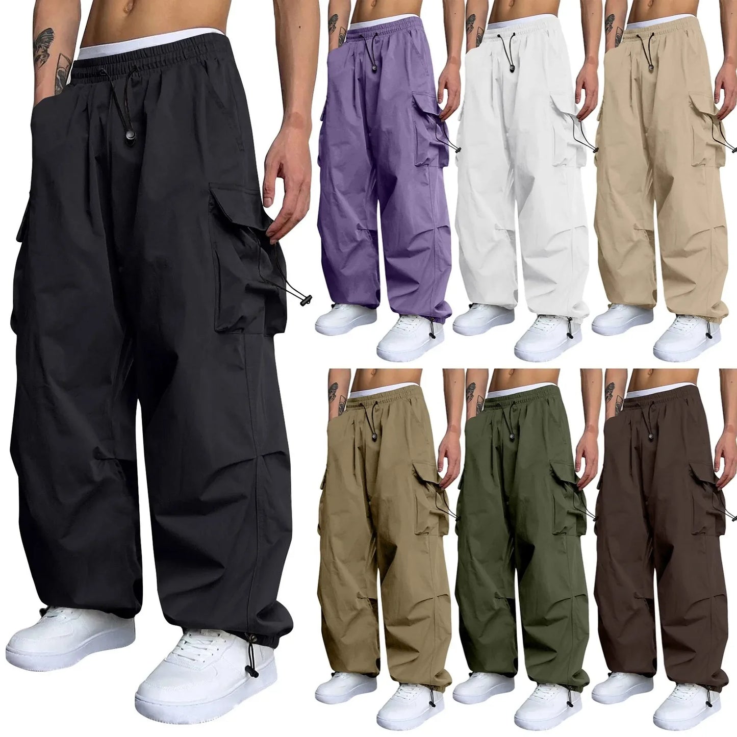 Cool Streetwear Versatile Quicky Drying Wide Leg Low Waist Drawstring Cargo Trousers Fashion Daily Casual Pockets Pants For Male