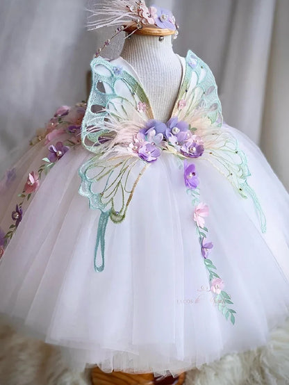 Vestido de princesa infantil borboleta com asas de malha fofa para meninas de 2 a 6 anos, vestido elegante para festa de aniversário com flores