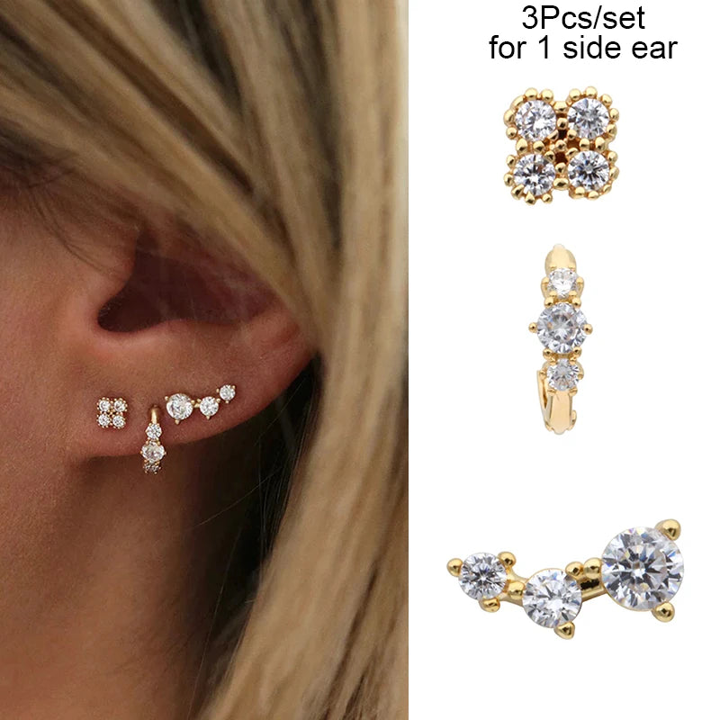 3PCs/set Earrings for 1 Ear Women gold color zirconia Classic Piercing Designer Earring set 2024 Women Jewelry Wholesale