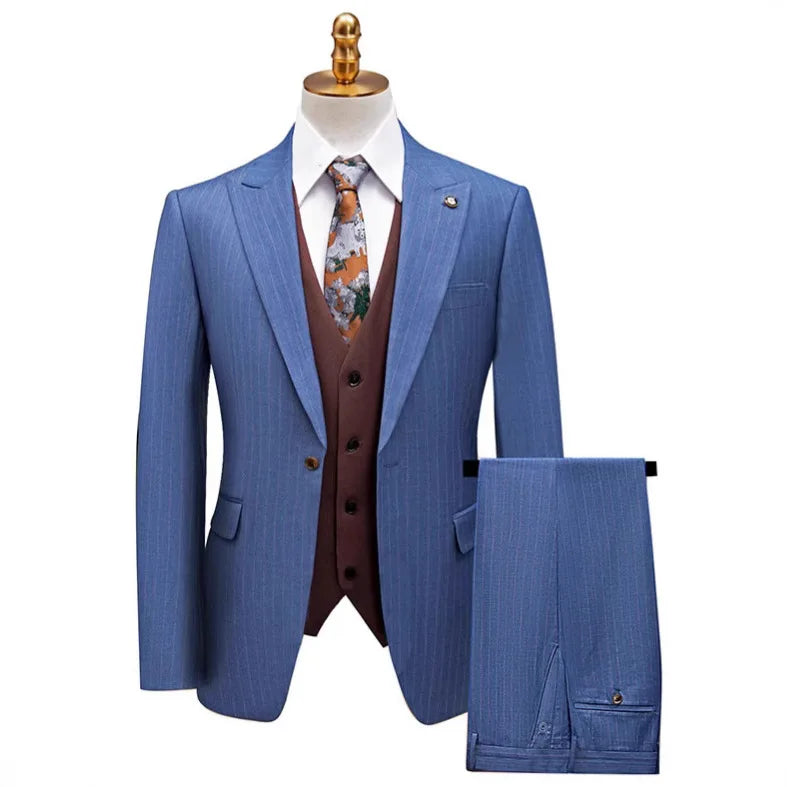 Men's Classic Formal Pinstripe Tuxedos Suits 3 Pieces Slim Fit Blazer Peak Lapel Two Button Groomsmen Wedding Dress Business