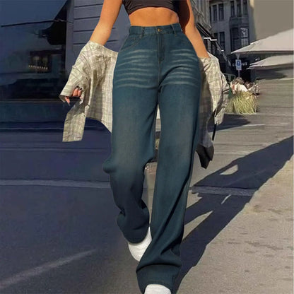 Straight Denim Pants for Women Soft Comfy High-Waisted Loose Straight Jeans