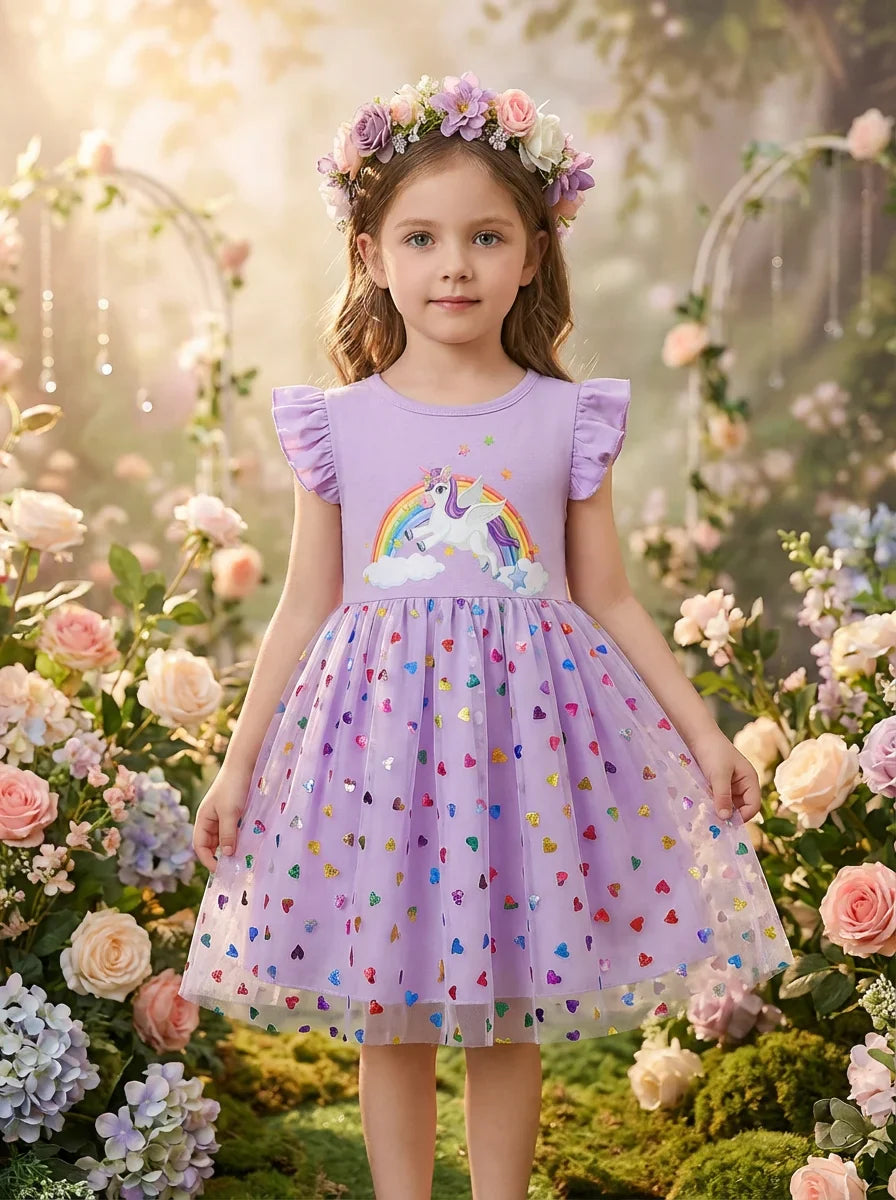 2026 Korean Style Girls Summer Unicorn Print Dress Short Sleeve Tulle Princess Gown Kids Casual Party Clothes for South Korea