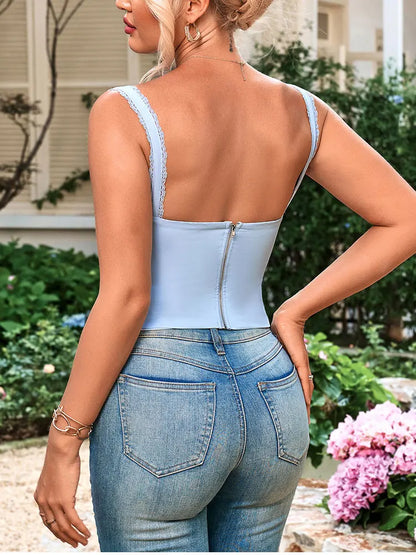 Women's Sleeveless Spaghetti Strap Lace Crop Corset Top Backless Double Layer Fashion Casual Party Cami Bustier Tops