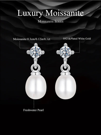 White Gold Plated Moissanite Freshwater Pearl Earrings for Women, 925 Sterling Silver Elegant Stud Huggies Christmas Gift