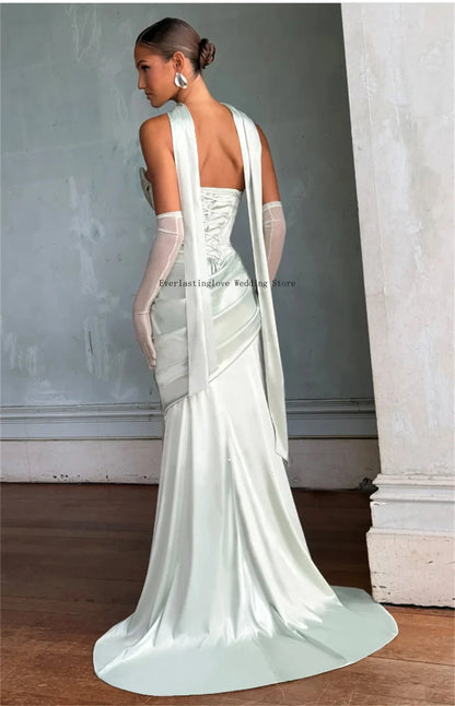 Simple Pleat Stapless Satin Sheath Wedding Dressed Wiht Long Scaf Custom Made Bridal Grown 2025 Vestido De Noival