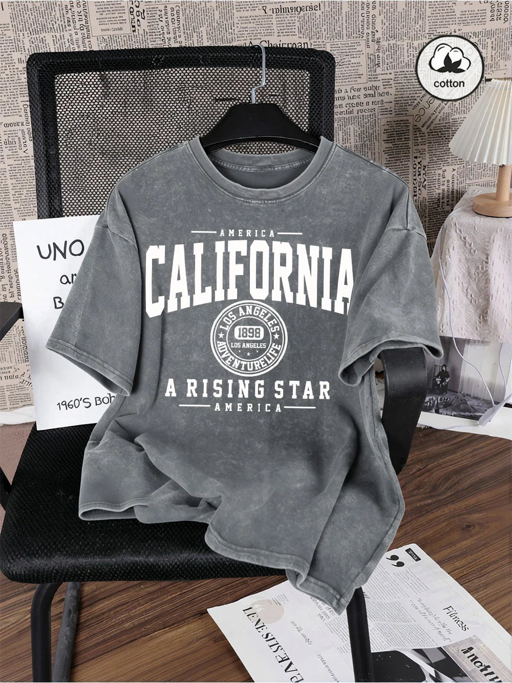 America California City Letter Washed T-Shirts Mens Oversized Cotton T Shirt Summer Short Sleeve O-Neck Tops Casual Male Tees