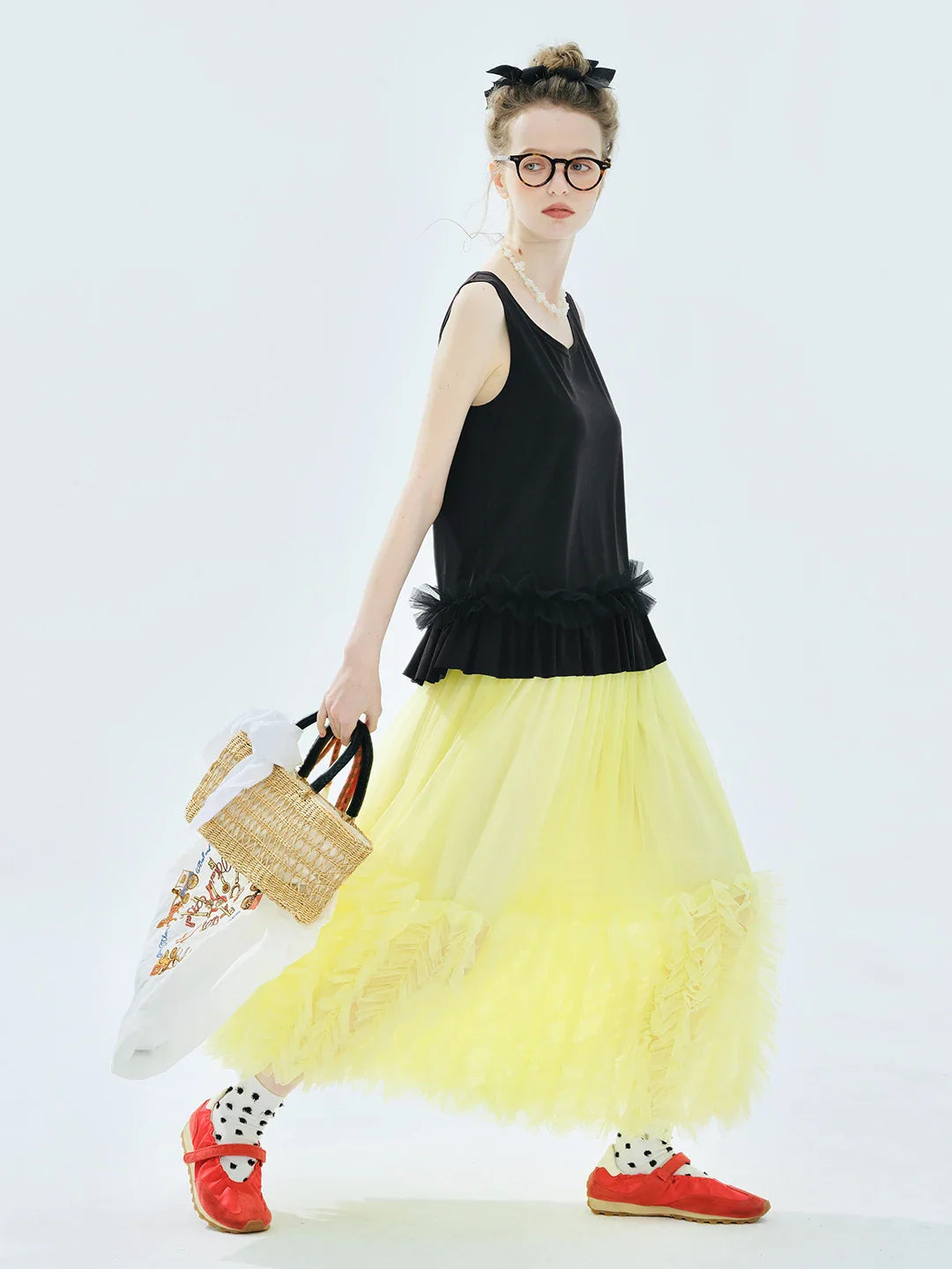 Women's Light Purple Tulle Midi Skirt with Ruffled Hem Elastic Waist Casual Fairy Style Summer  Flowy A-Line Skir 255106