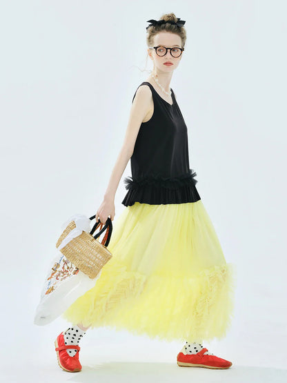 Women's Light Purple Tulle Midi Skirt with Ruffled Hem Elastic Waist Casual Fairy Style Summer  Flowy A-Line Skir 255106