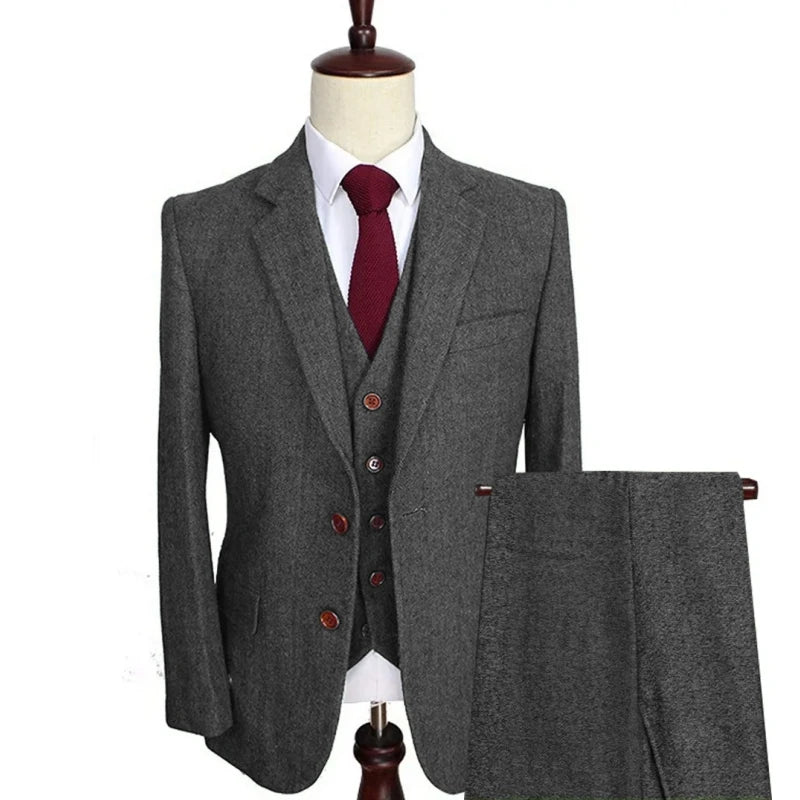 Men Suit 3 Pieces Army Green Tweed Formal Lapel Notch Regular Wedding Groom Banquet Work Tuxedos Set Jacket Vest With Pants