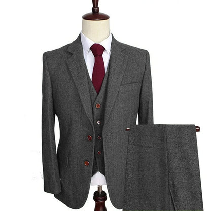 Men Suit 3 Pieces Army Green Tweed Formal Lapel Notch Regular Wedding Groom Banquet Work Tuxedos Set Jacket Vest With Pants