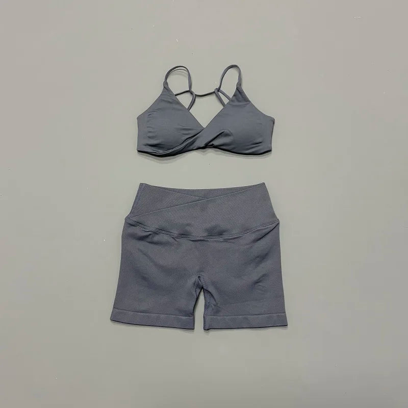 Women 2 Piece Gym Set Seamless Yoga Sports Bra V Neck Twist Front Tummy Control Butt Lifting Shorts Fitness Running Workout Set