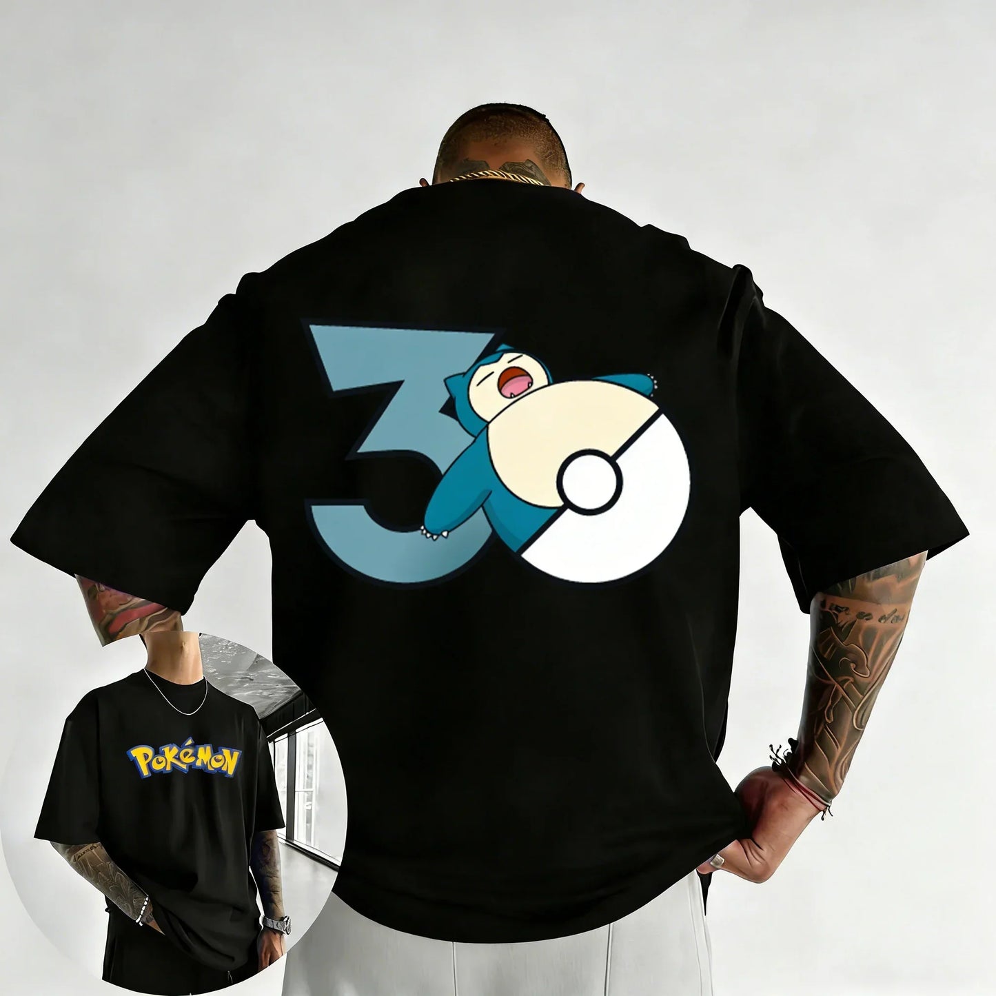30th Anniversary Snorlax Printed T-shirt Summer Men's and Women's Trendy Large Loose Casual Y2K Short Sleeve Top