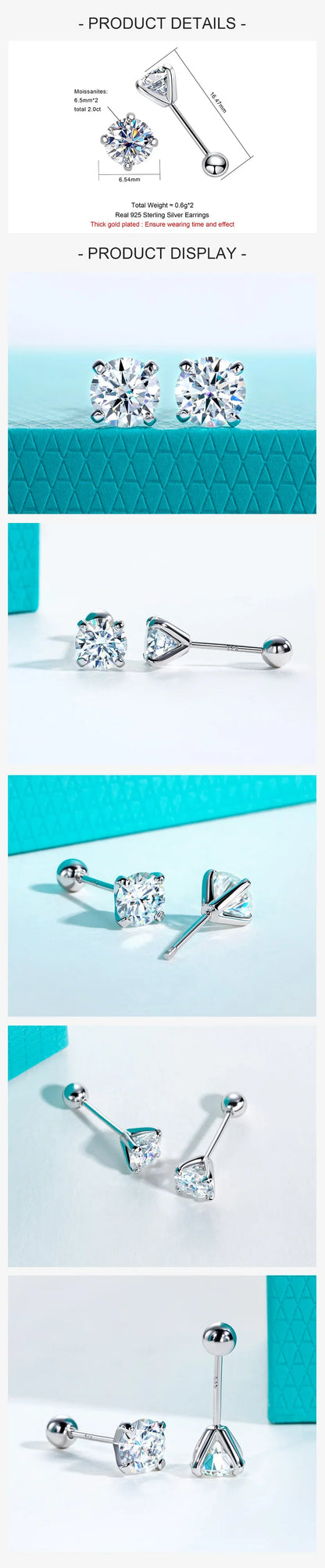 1ct D Color Moissanite Classic Earring 925 Sterling Silver 18K Plated Stud Earrings for Woman Fine Jewelry Wholesale