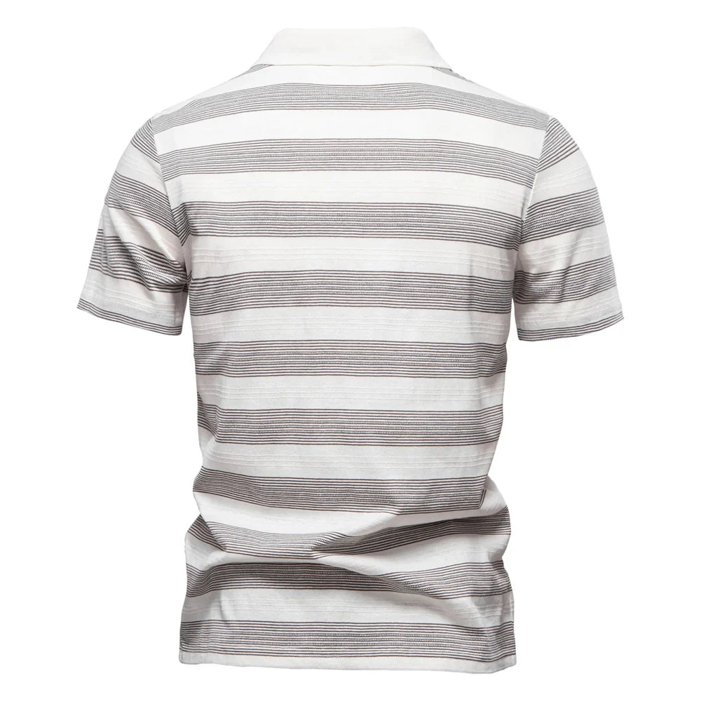 2025 New Summer Striped V Neck Cotton Polo Shirts for Men Breathable Short Sleeve Casual Knit Shirts Comfort Fit