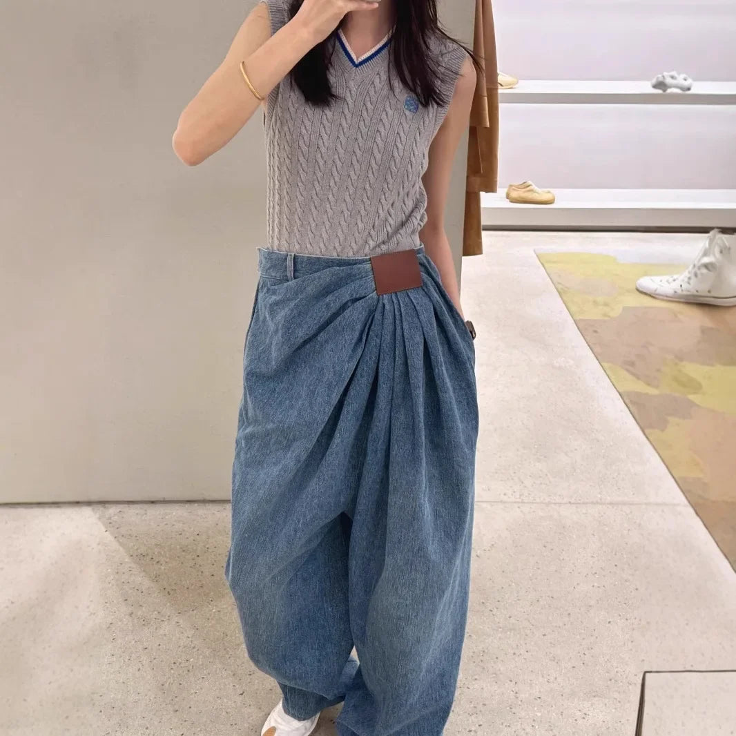 Wide Leg Denim Jeans Women Fashionable Drapey Floor-Length Pants