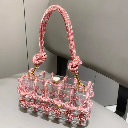 Bolsa de Noite com Alça e Strass Prateada de Cristal Feita à Mão para Mulheres, Bolsas e Bolsas de Mão de Designer de Luxo para Banquete