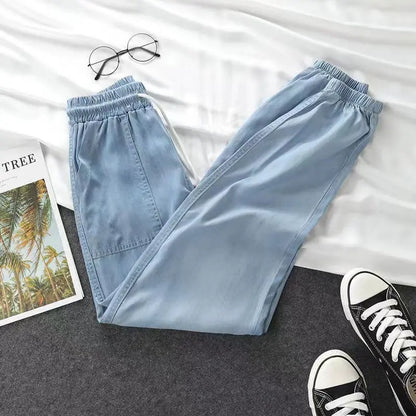 Summer Thin Ice Silk Jeans Women Elastic High Waist Drawstring Harem Pants Loose All-matched Beam Leg Nine Points Denim Pants
