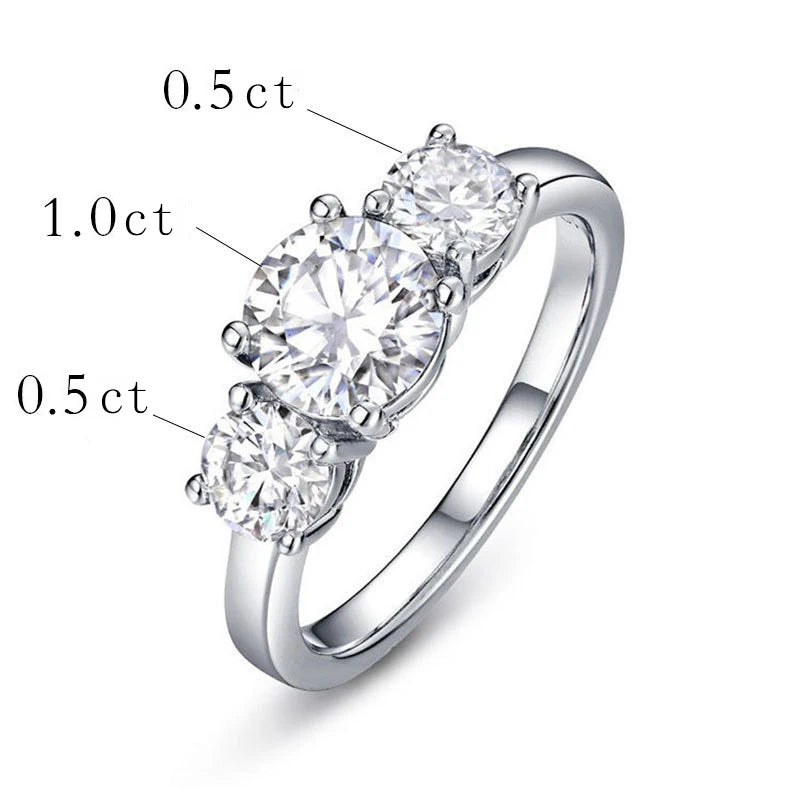 Real D Color VVS1 Round 2.0ctw Moissanite 3-Stone Ring 925 Pure Silver Jewelry Certified for Women Wedding Engagement Gift
