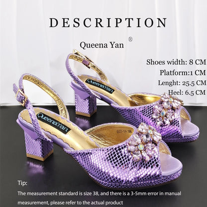 New Elegant 2026 Lilac Peep Toe Women Heels with Diamond Accents - Italian Design Matching Pumps and Bag Set for Parties