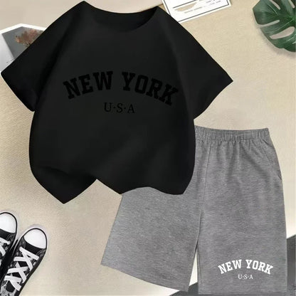 New York letter pattern boy and girl T-shirt+shorts 2-piece set