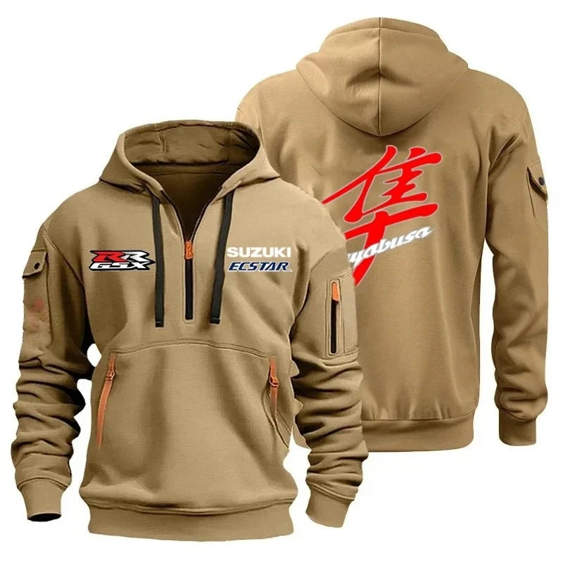 Men's casual street outdoor sports motorcycle multi-pocket sweatshirt, half-hooded sweatshirt, running and fitness sports