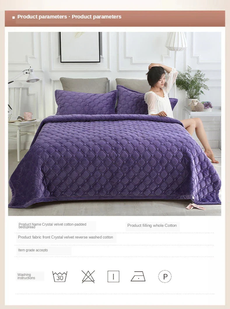 Solid Color Soft Velvet Quilted Bed Cover Blanket Short Plush Sofa Towel King Queen Size Anti-slip Bed Sheet 270x230cm Bedspread