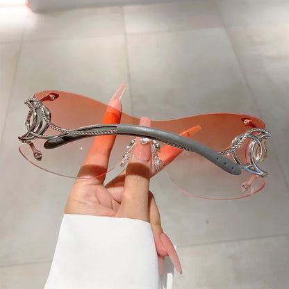 Y2K Rimless Luxury Brand Designer Sunglasses Women For Men One Piece Trendy Oversized Sun Glasses Metal Snake Pink Punk Shades
