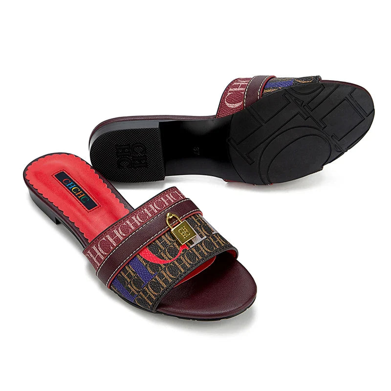 High Quality Metal Lock Monogram Print Women's Low Heeled Slippers Delicate and Versatile Women's Fashion Slippers