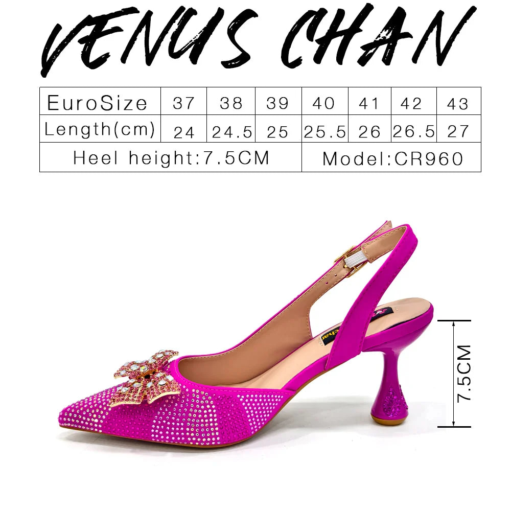 Nigerian-Inspired Rhinestone High Heels for Women with Purple Oval Bag – Stylish Ladies' Footwear & Accessory Set