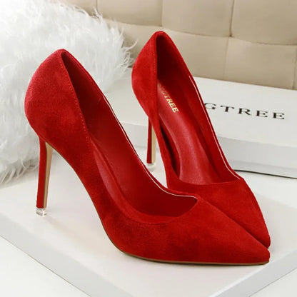 Women Elegant Flock Orange Purple Evening Banquet Party Pumps Lady Classic Scarpin New Burgundy 9cm High Heels Shoes Plus Size
