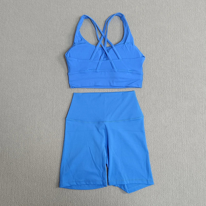 Women's 2-Piece Yoga Set Tights Shorts For Woman Cross Back Bra Top + High Waist Shorts Fitness Running Workout Tracksuit