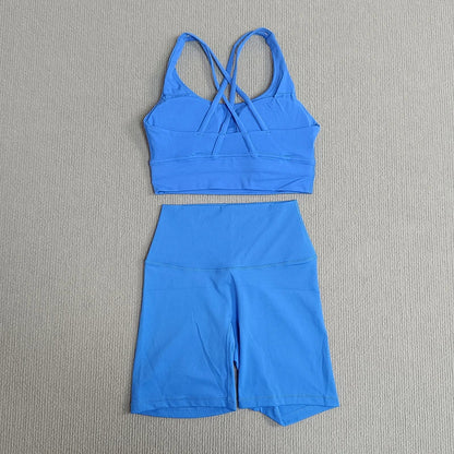 Women's 2-Piece Yoga Set Tights Shorts For Woman Cross Back Bra Top + High Waist Shorts Fitness Running Workout Tracksuit