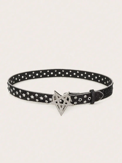 1pc Men's Y2K Punk Six-pointed Star Rhinestone Buckle Glitter Rhinestone Belt, A Versatile Belt To Match Jeans