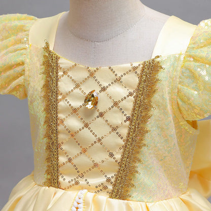 Disney Aniversário Festa Bela Fantasia Infantil Amarelo Malha Vestido de Baile Criança Cosplay Vestido de Festa Luxo para Menina Princesa Bela Noite