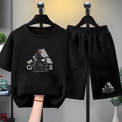 Kids black Summer Leisure Short Sleeve T-shirts+shorts Suits 3-12 Years Boys Girls Casual Outfits Children 2pcs Brand Clothes