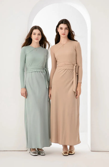 woman clothing high Stretch ribbing closed-fit wrap tops + Matte Satin dress Maxi matching sets (ship out in 1 day)