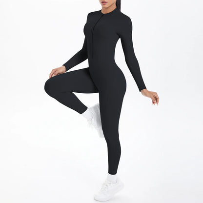 Solid Color Bodysuits for Woman's Backless Long Sleeved Zipper Yoga Jumpsuits High Dtrength Workout Sports Fitness Clothing Set