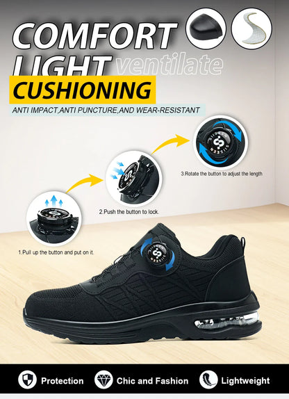 Men's Safety Shoes Steel Toe Anti- Crush Puncture Resistant Kevlar Pure Black Button Air Cushion Lightweight Work Shoes