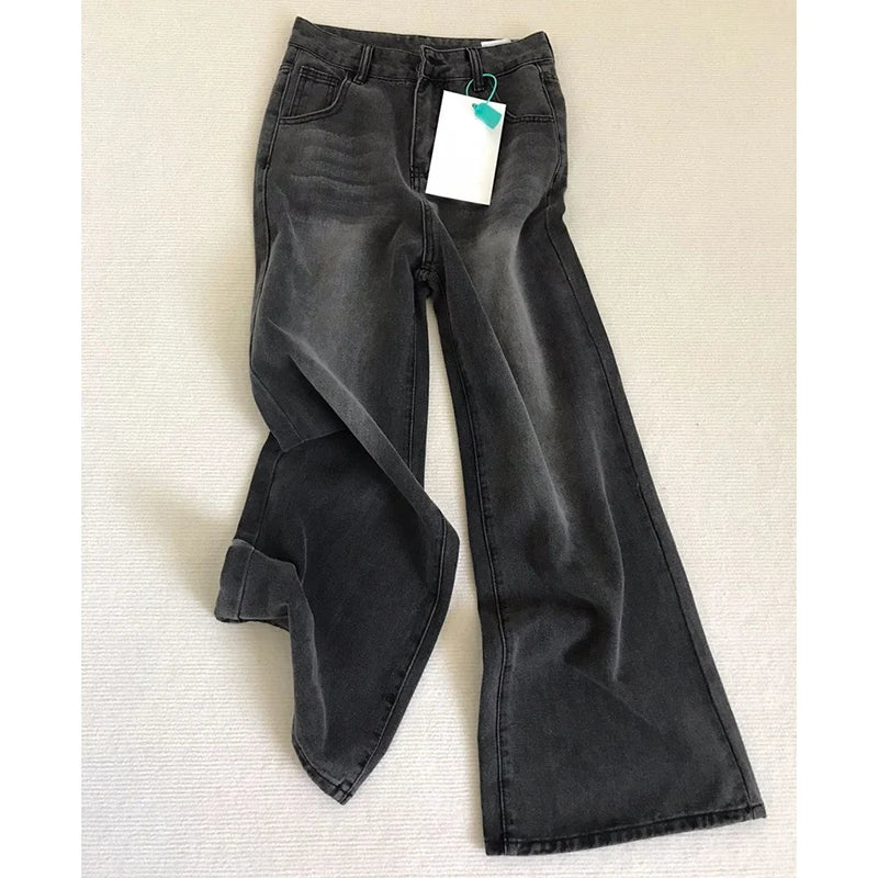 Lady Retro Black Gray High Waist Jeans Pants Women Fashion Straight Leg Denim Trousers Girls Loose Fit Thin Casual Pants