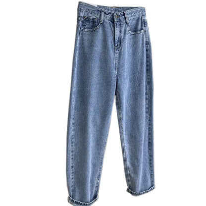 Autumn Collection High-Waisted Slimming Straight-Leg Denim Jeans Women's Loose-Fit Korean Style Ninemoth Half Pants