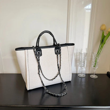 Matte Canvas Shoulder Bag Solid Color with Chain Strap Lightweight Large Capacity Embroidered Zipper Classic Handbag