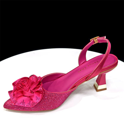 Elegant Shiny Dark blue Handbag and Medium Heel Shoes Set with Beautiful Handmade Flowers for Weddings and Parties