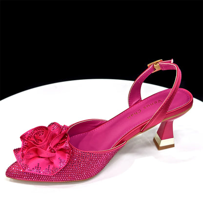 Elegant Shiny Dark blue Handbag and Medium Heel Shoes Set with Beautiful Handmade Flowers for Weddings and Parties