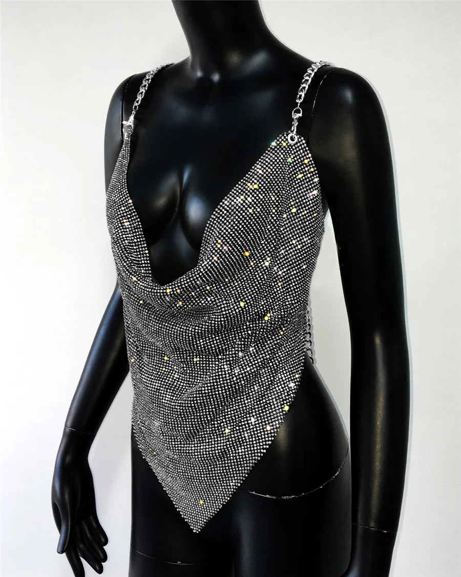 Shiny Rhinestone V Neck Tank Top 2025 Sexy Backless Metal Chain Spaghetti Straps Sling Camisole Women Nightclub Party Crop Top