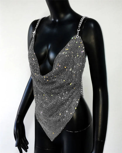 Shiny Rhinestone V Neck Tank Top 2025 Sexy Backless Metal Chain Spaghetti Straps Sling Camisole Women Nightclub Party Crop Top
