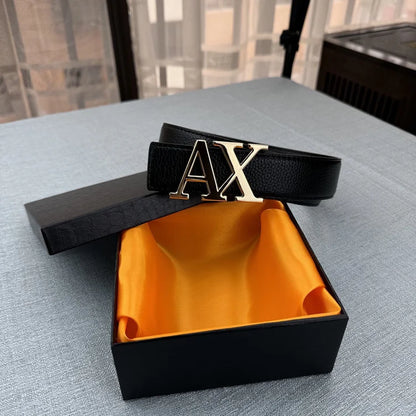 2026 Designer Men's Belt - AX Letter Buckle, 3.8cm Wide, Lychee Pattern, Plain Weave, High-End Fashion, Premium Leather Waistban