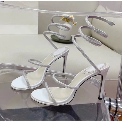 Luxury Rhinestones Snake Coiled Stiletto Heeled Women Gladiator Sandals 2024 Summer Silver Sole High heels Banquet Wedding Shoes