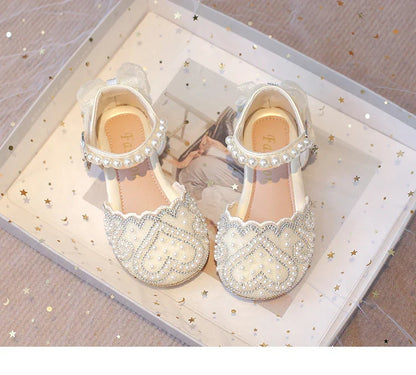 2025Summer Girls Sandals With Heel Fashion Rhinestone Shiny Glitter Shoes Children Princess Bowtie Pearl Dancing Shoes
