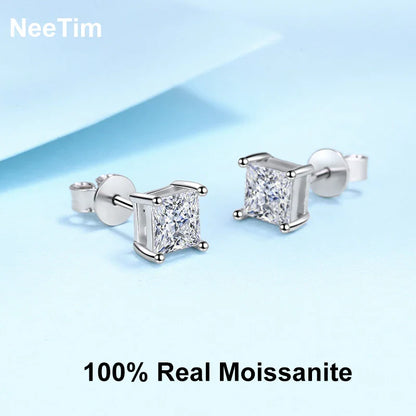 1ct 2ct Princess Cut Moissanite Earrings s925 Sterling Silver Plated with White Gold Plated Ear Studs for Women Jewelry