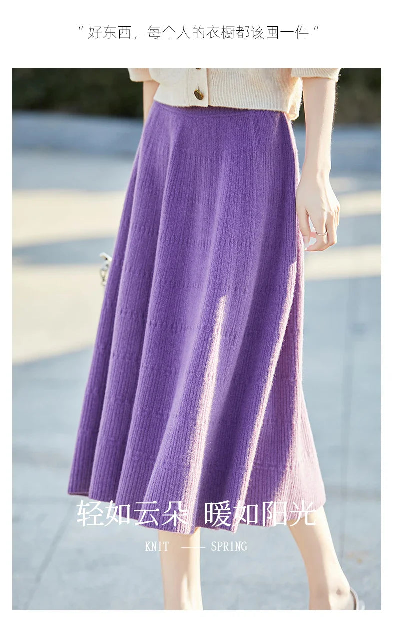 Autumn And Winter High Waist 100% Pure Wool Skirt Female Slim Long Knitted Wool Skirt Loose Wearing A-Line Skirt